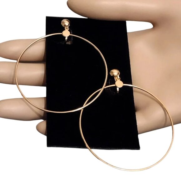 2 3/4 Inch 70mm Hoop Clip On Earrings Gold Tone 57mm Wide Ring - Picture 4 of 4